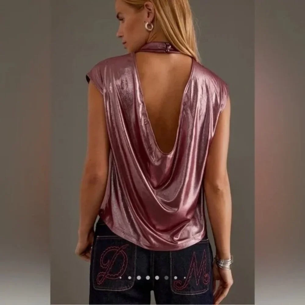 Anthropologie XS Cowl-Neck Liquid Shine Top Party Festival - Picture 7 of 9